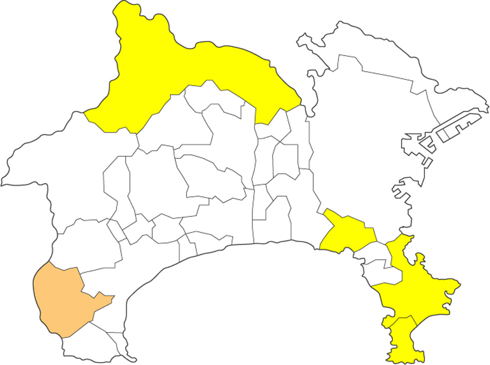 県北部と三浦半島が黄色、箱根町が薄いオレンジ色