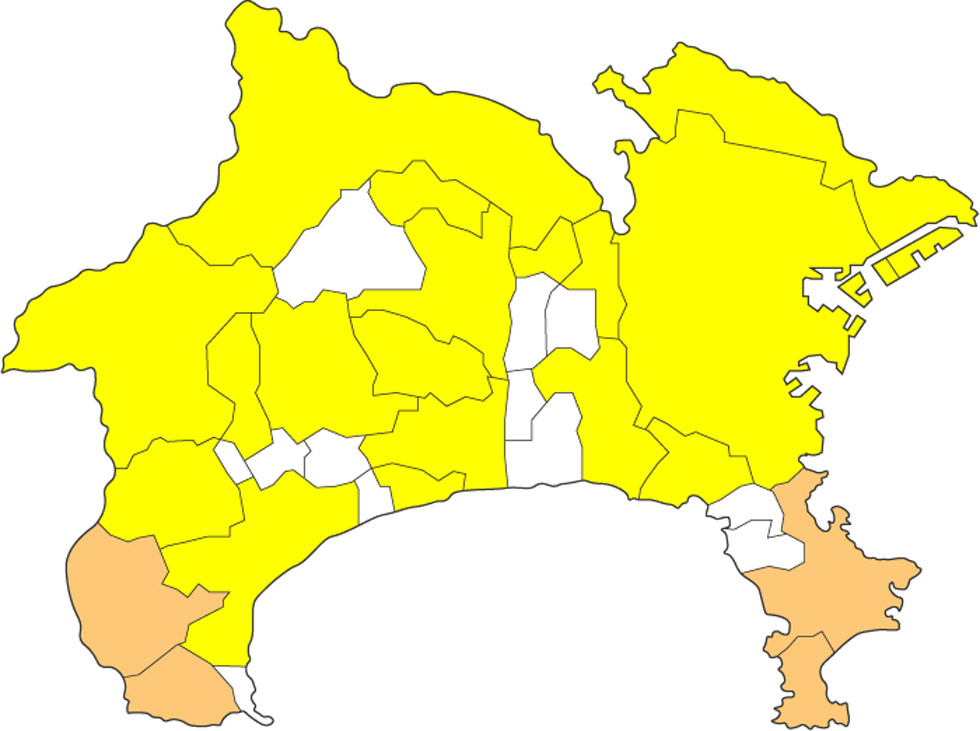 ほぼ全域が黄色、三浦半島が薄いオレンジ色、湯河原町とは個寝待ちは薄おいレンジ色