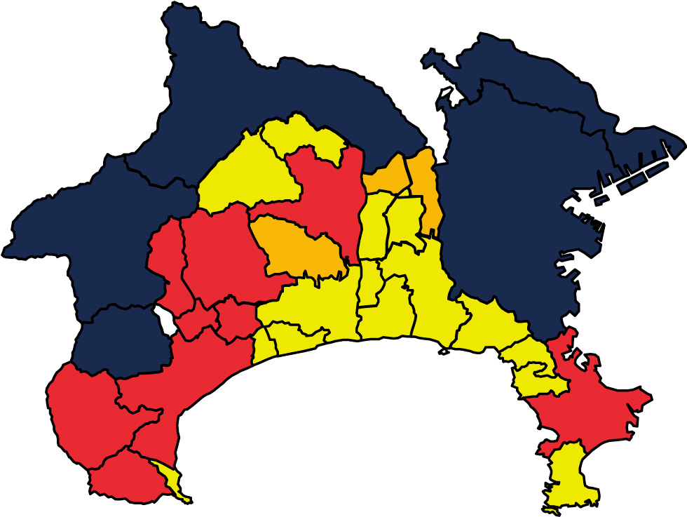 県北部と三浦半島が黄色、箱根町が薄いオレンジ色