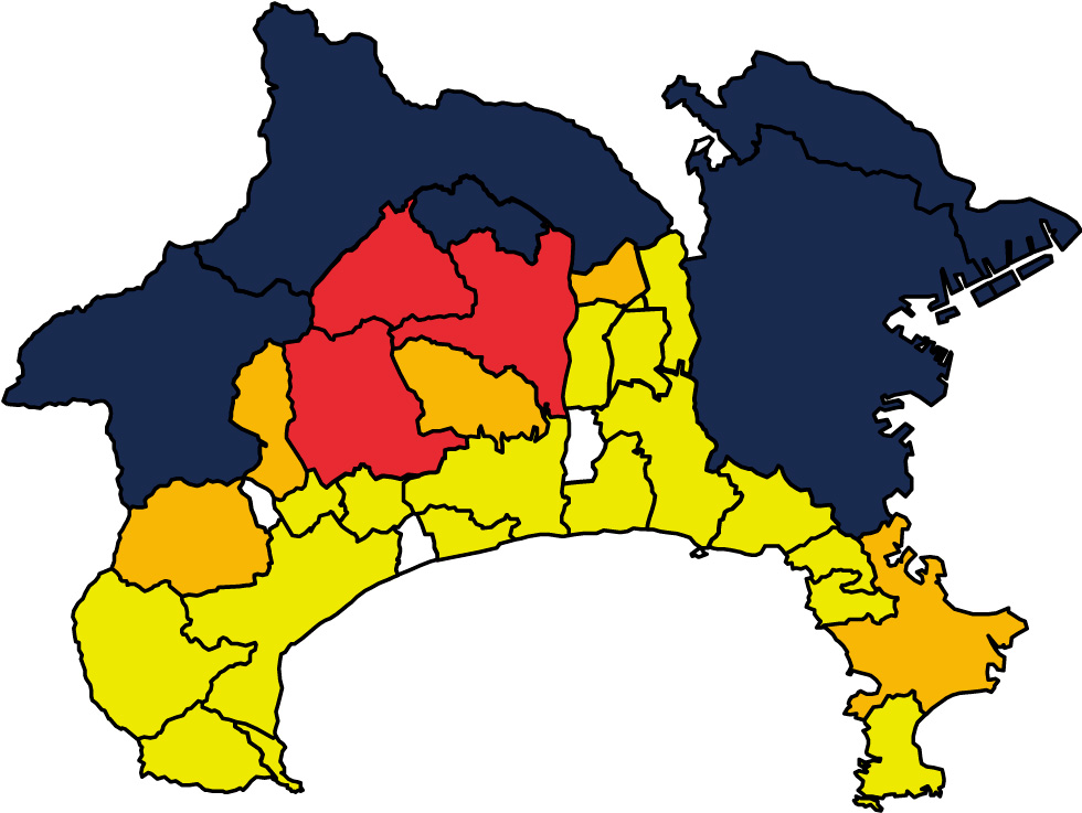 県北部、川崎市を除く県東部、湯河原町を除く県南部が黄色、三浦市は赤、箱根町は薄いオレンジ色