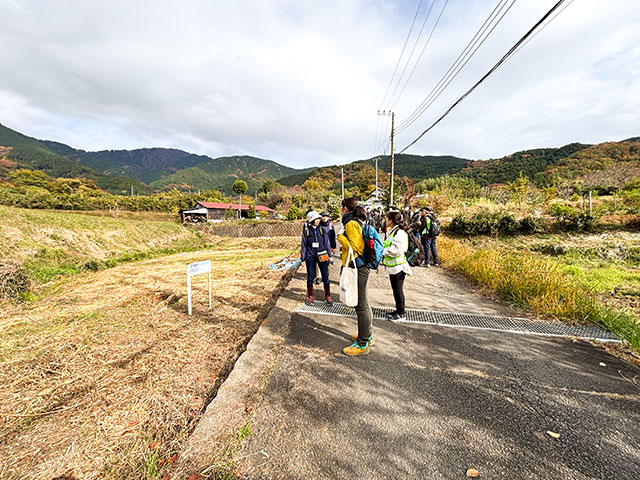 収穫の終わった水田沿いの道を歩く参加者たち